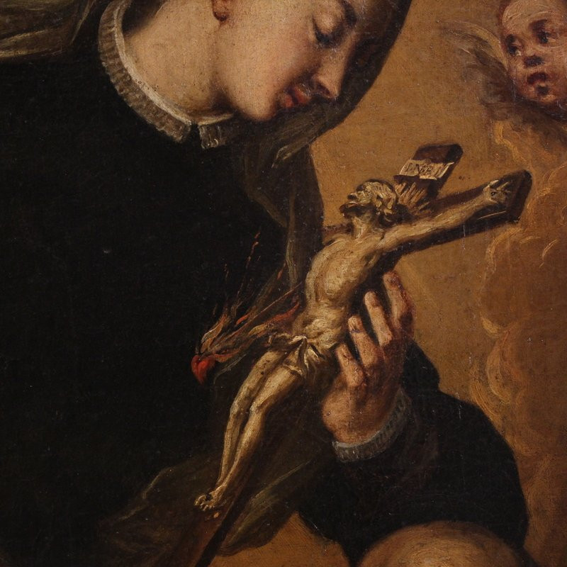 Antico dipinto ovale Santa Caterina di Genova del XVII secolo-photo-4