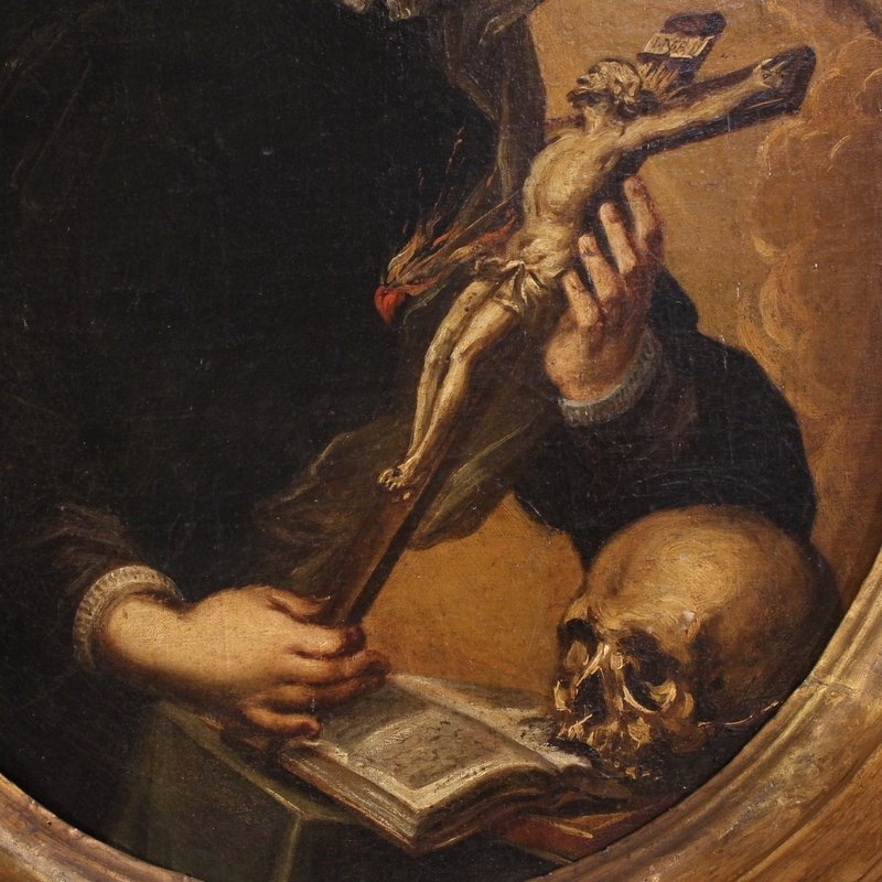 Antico dipinto ovale Santa Caterina di Genova del XVII secolo-photo-1