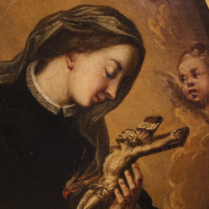 Antico dipinto ovale Santa Caterina di Genova del XVII secolo-photo-2