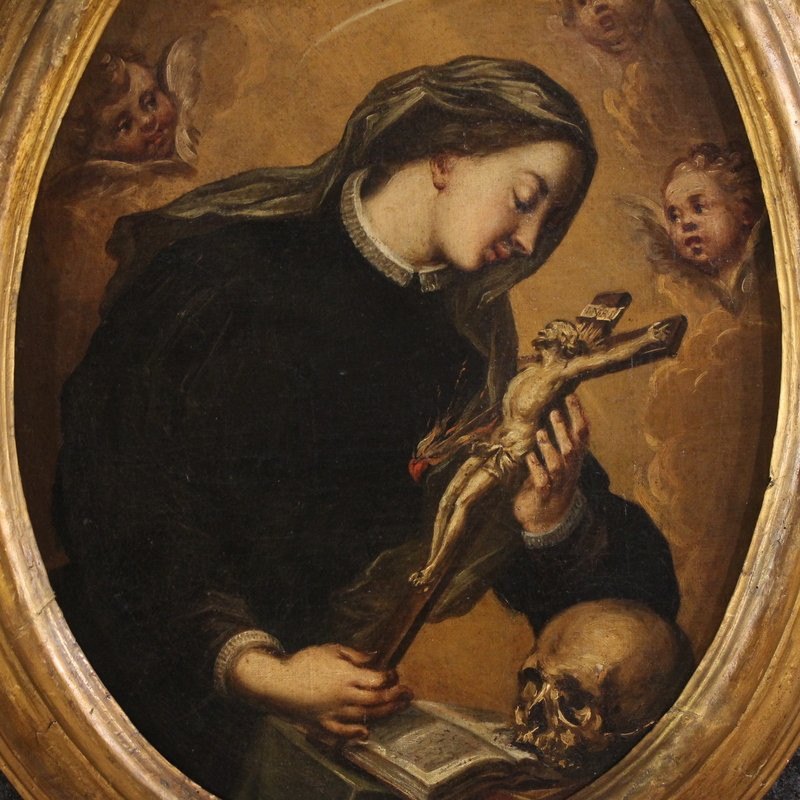 Antico dipinto ovale Santa Caterina di Genova del XVII secolo-photo-3