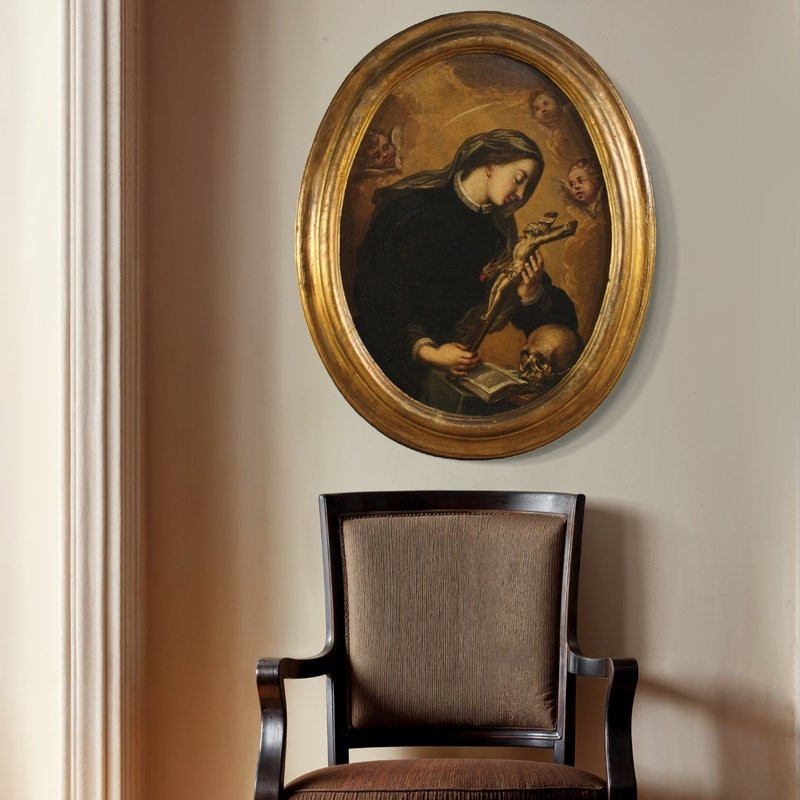 Antico dipinto ovale Santa Caterina di Genova del XVII secolo-photo-4