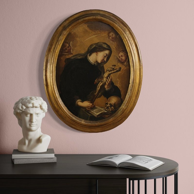 Antico dipinto ovale Santa Caterina di Genova del XVII secolo-photo-6