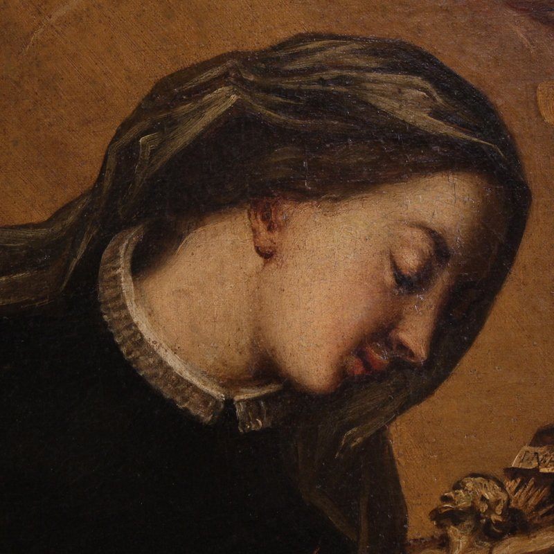 Antico dipinto ovale Santa Caterina di Genova del XVII secolo-photo-8