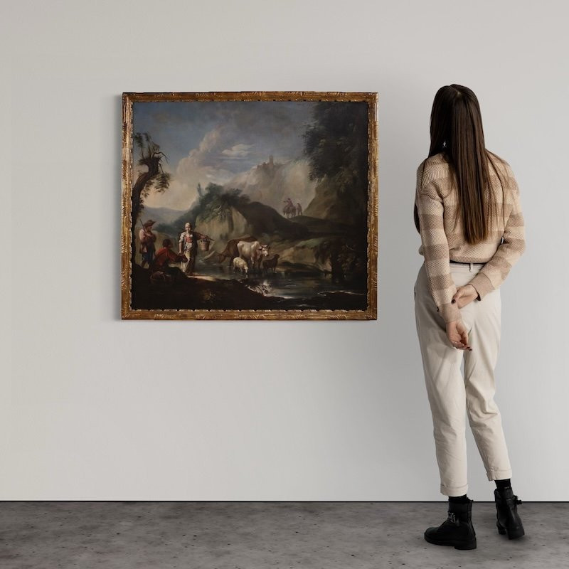 Grande quadro italiano del XVIII secolo, paesaggio con scena di genere-photo-2