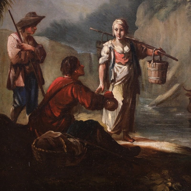 Grande quadro italiano del XVIII secolo, paesaggio con scena di genere-photo-2