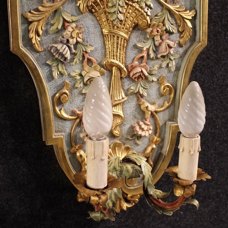 Coppia di applique italiane laccate e dorate in stile Luigi XVI-photo-4
