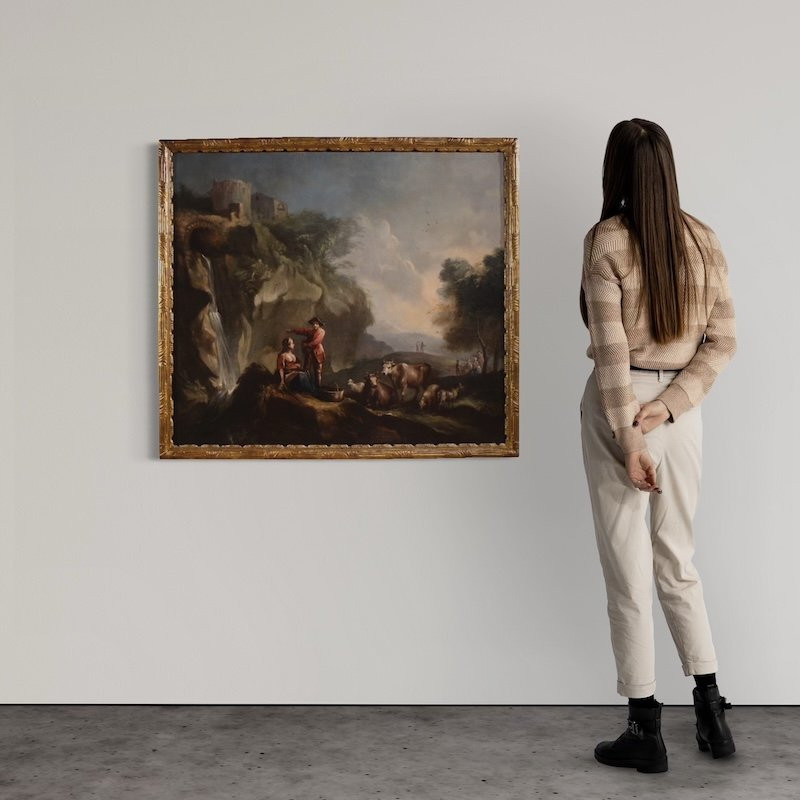 Grande dipinto italiano del XVIII secolo, paesaggio con scena pastorale e figure-photo-4