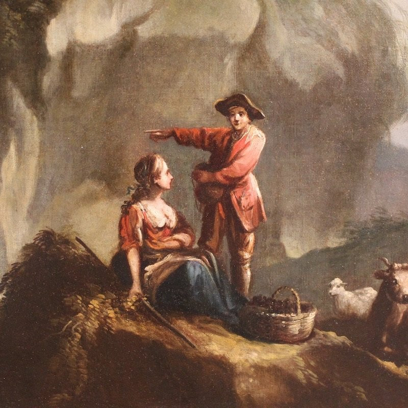 Grande dipinto italiano del XVIII secolo, paesaggio con scena pastorale e figure-photo-3