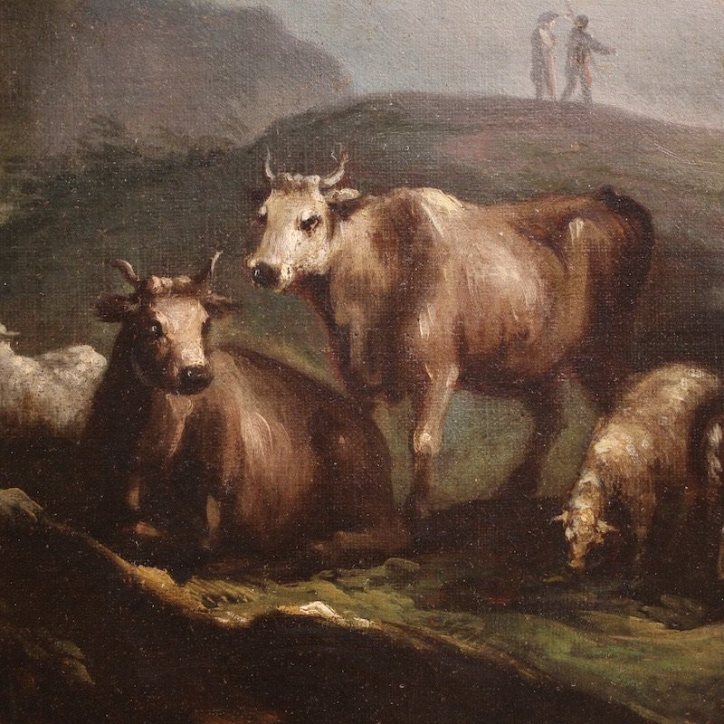Grande dipinto italiano del XVIII secolo, paesaggio con scena pastorale e figure-photo-5