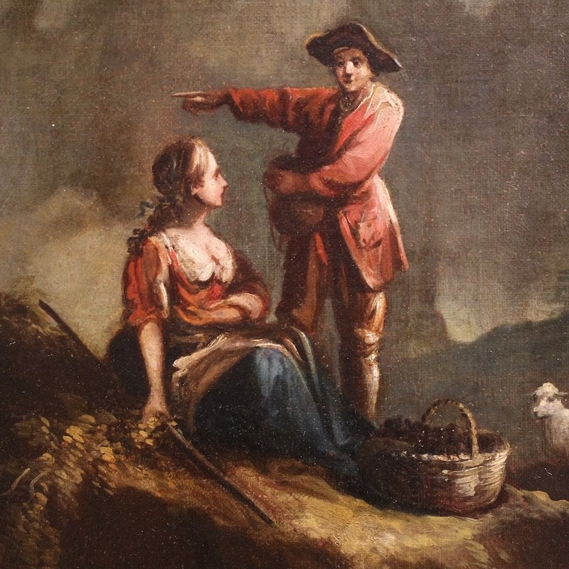 Grande dipinto italiano del XVIII secolo, paesaggio con scena pastorale e figure-photo-8
