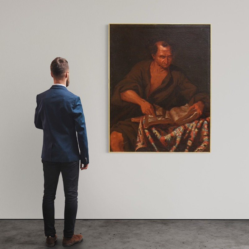 Grande dipinto italiano del XVII secolo, filosofo nello studio-photo-2