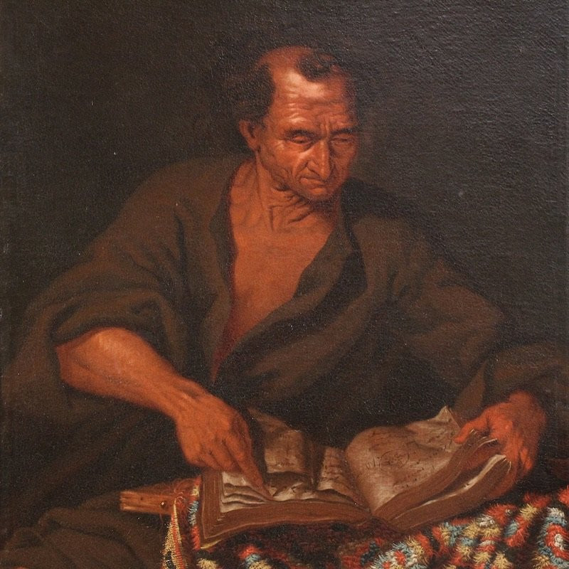 Grande dipinto italiano del XVII secolo, filosofo nello studio-photo-3