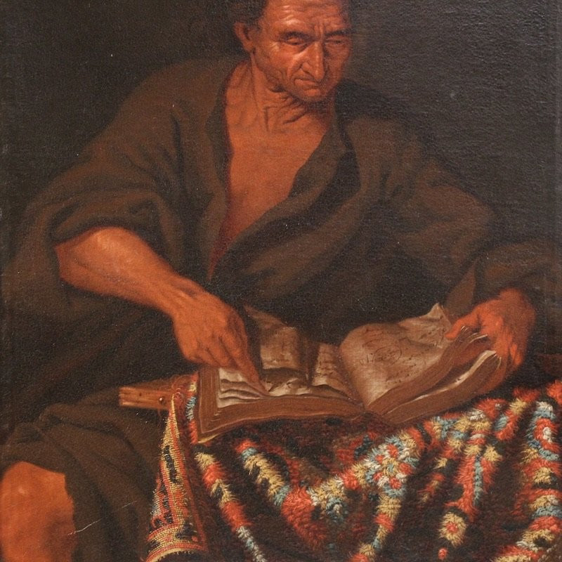 Grande dipinto italiano del XVII secolo, filosofo nello studio-photo-1