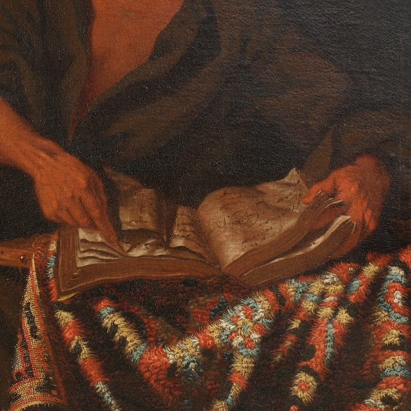 Grande dipinto italiano del XVII secolo, filosofo nello studio-photo-5