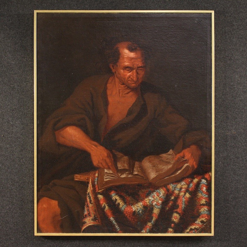 Grande dipinto italiano del XVII secolo, filosofo nello studio