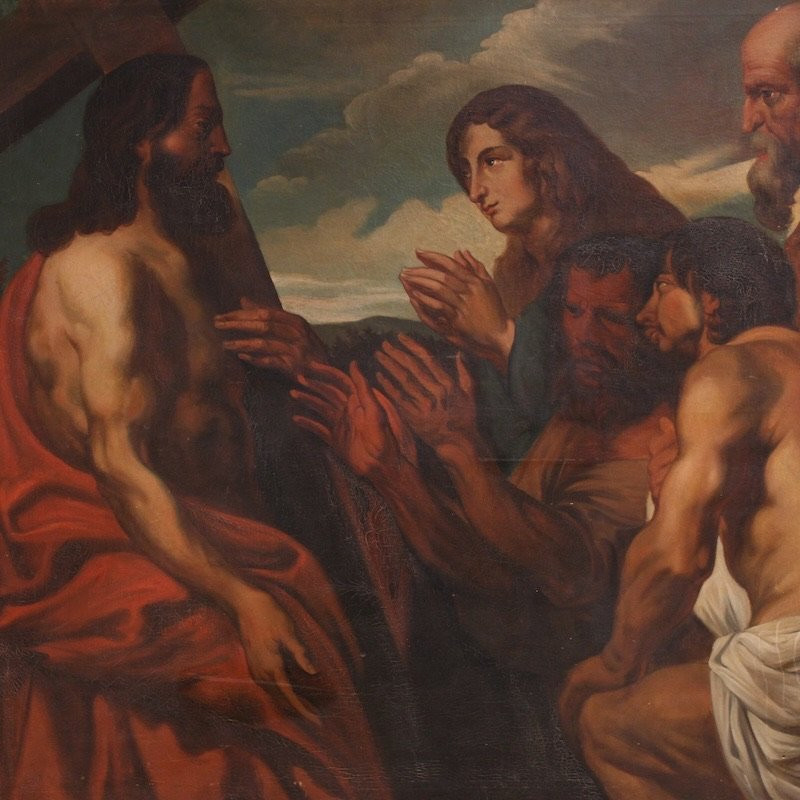 Grande quadro fiammingo del XIX secolo, Cristo perdona i peccatori penitenti-photo-3