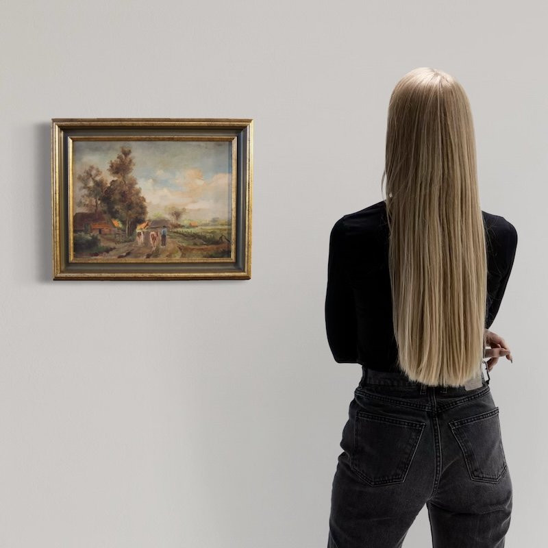 Dipinto fiammingo paesaggio bucolico del XX secolo-photo-2