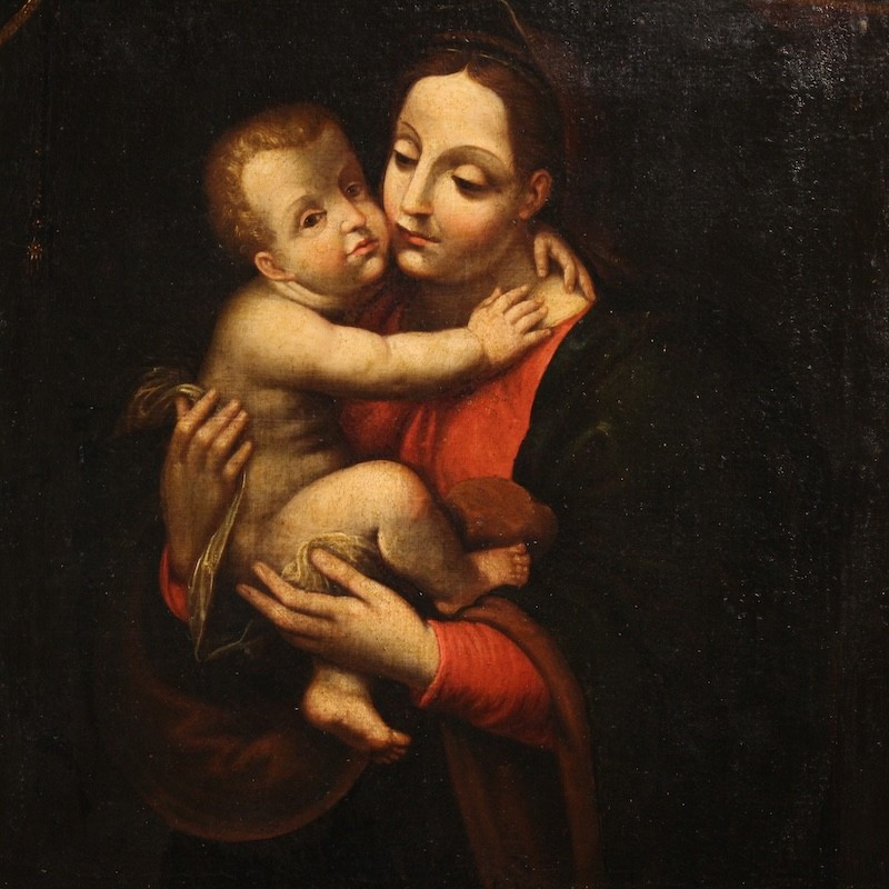 Antico dipinto religioso Madonna con bambino del XVIII secolo