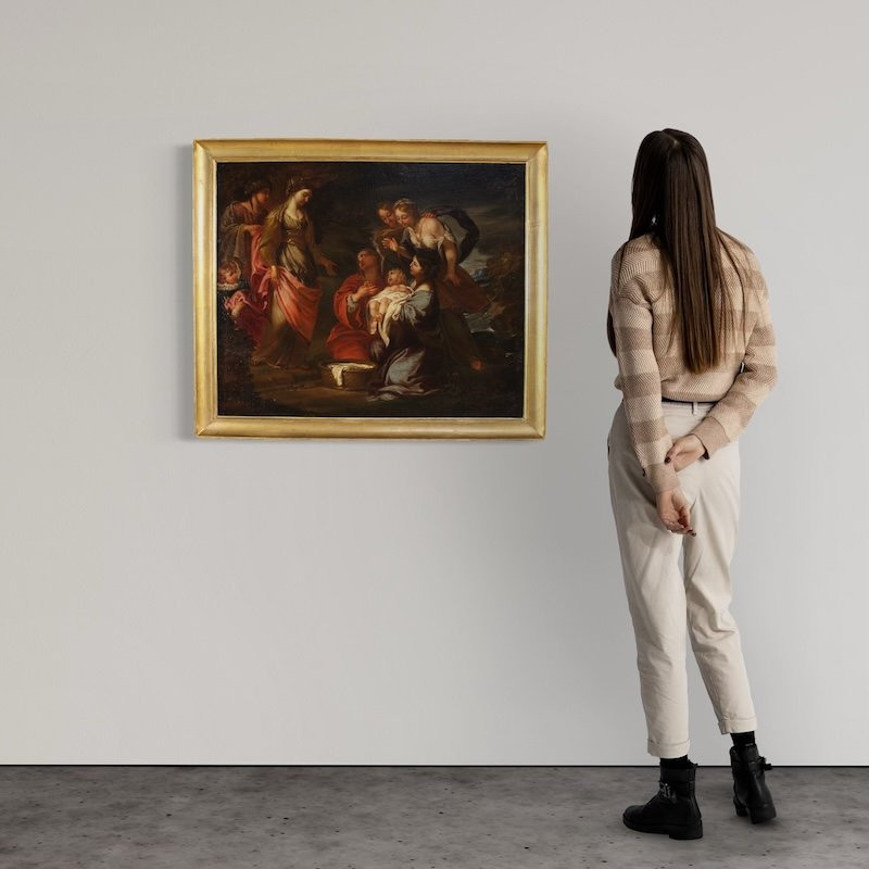 Antico dipinto italiano Mosè salvato dalle acque del XVII secolo-photo-3