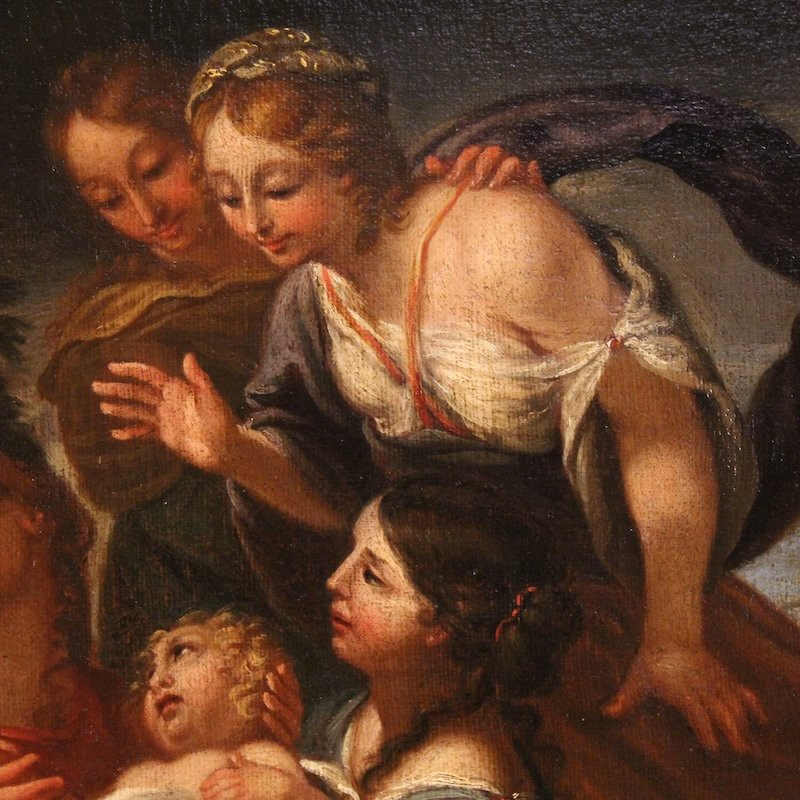 Antico dipinto italiano Mosè salvato dalle acque del XVII secolo-photo-2