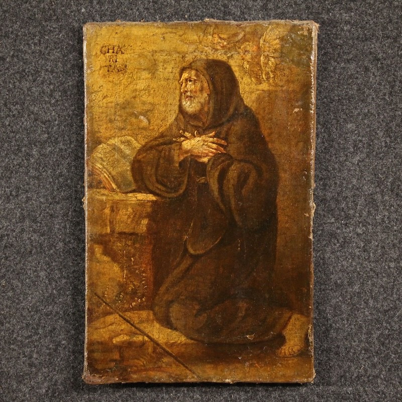 Antico dipinto italiano San Francesco da Paola del XVII secolo