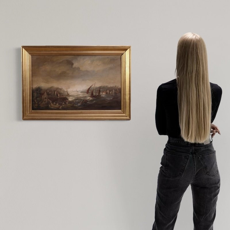 Dipinto fiammingo marina con barche e personaggi del XX secolo-photo-2