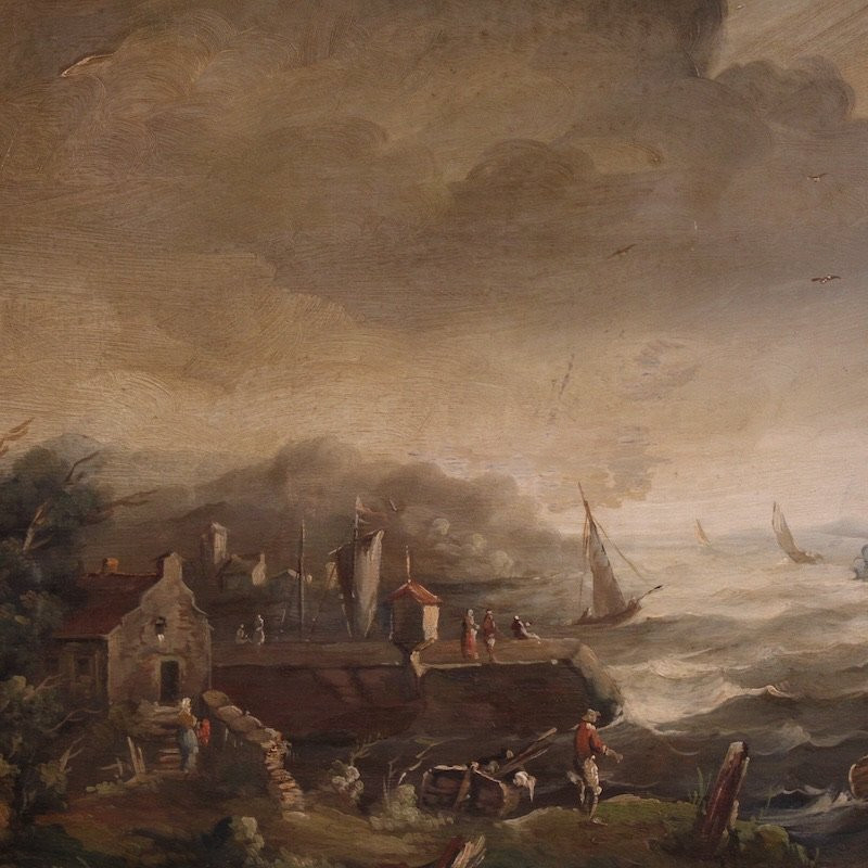 Dipinto fiammingo marina con barche e personaggi del XX secolo-photo-3