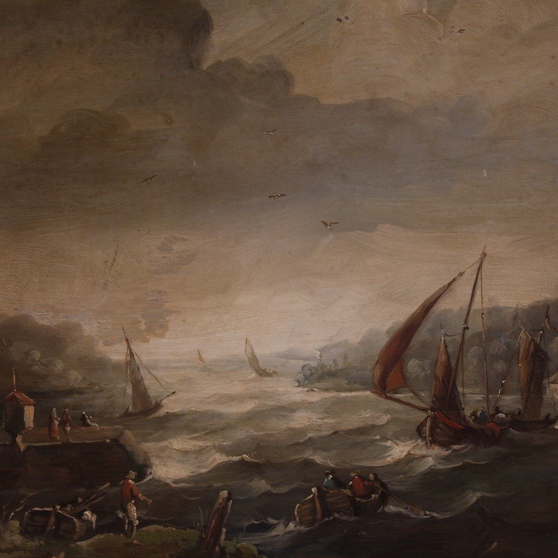 Dipinto fiammingo marina con barche e personaggi del XX secolo-photo-4