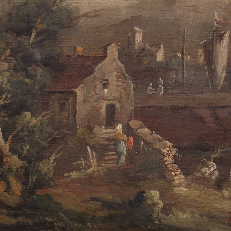 Dipinto fiammingo marina con barche e personaggi del XX secolo-photo-6