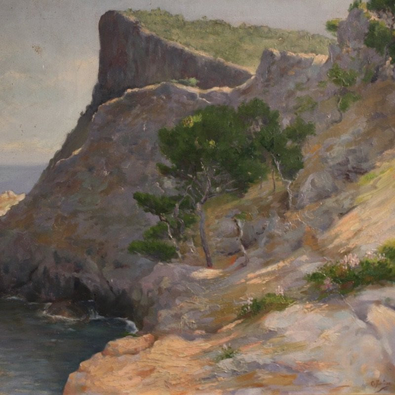 Dipinto spagnolo firmato paesaggio veduta di mare del XX secolo-photo-4