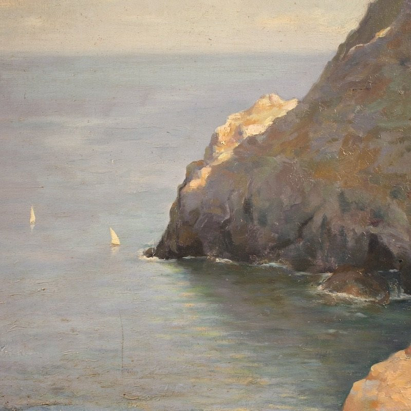 Dipinto spagnolo firmato paesaggio veduta di mare del XX secolo-photo-2