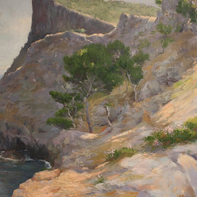 Dipinto spagnolo firmato paesaggio veduta di mare del XX secolo-photo-5