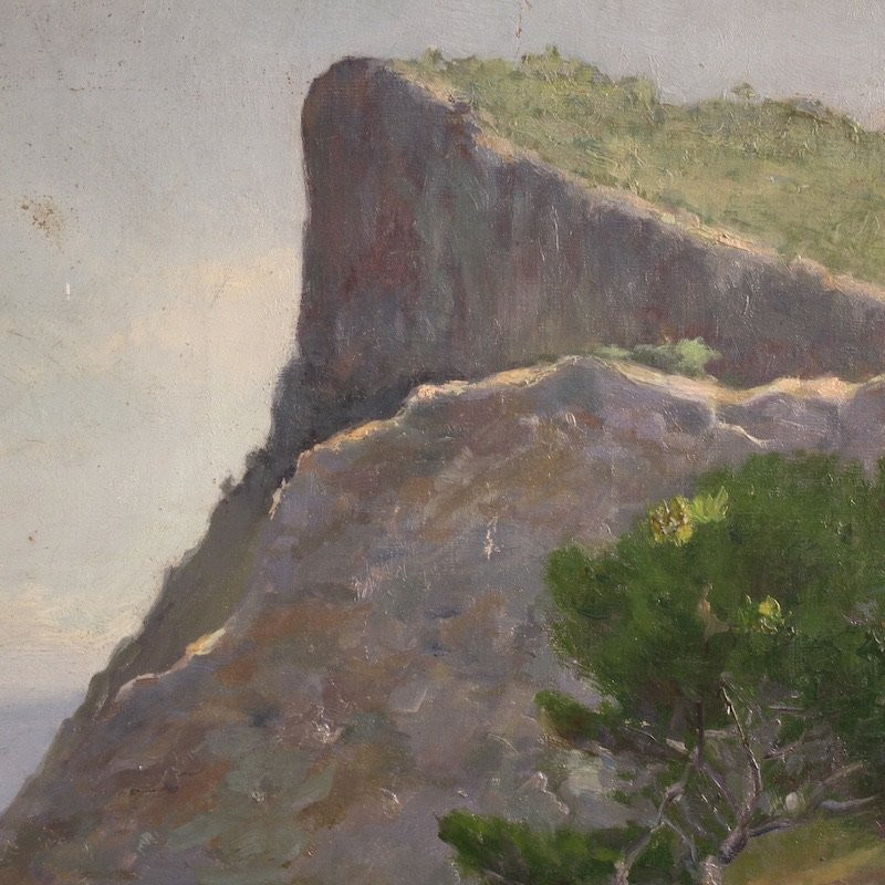 Dipinto spagnolo firmato paesaggio veduta di mare del XX secolo-photo-6