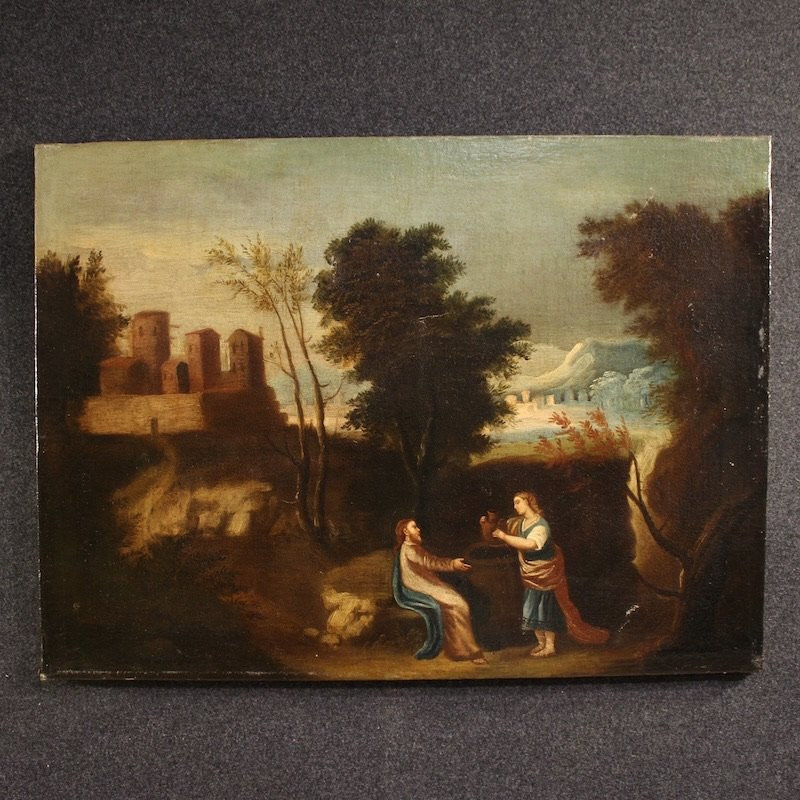 Antico dipinto spagnolo Gesù e la samaritana al pozzo del XVII secolo-photo-2