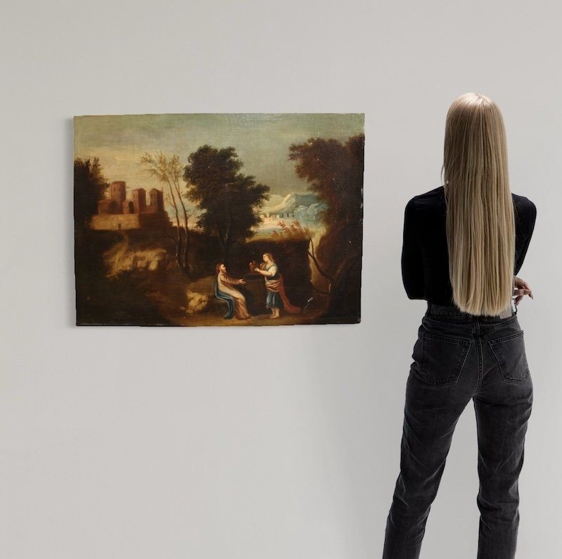 Antico dipinto spagnolo Gesù e la samaritana al pozzo del XVII secolo-photo-3