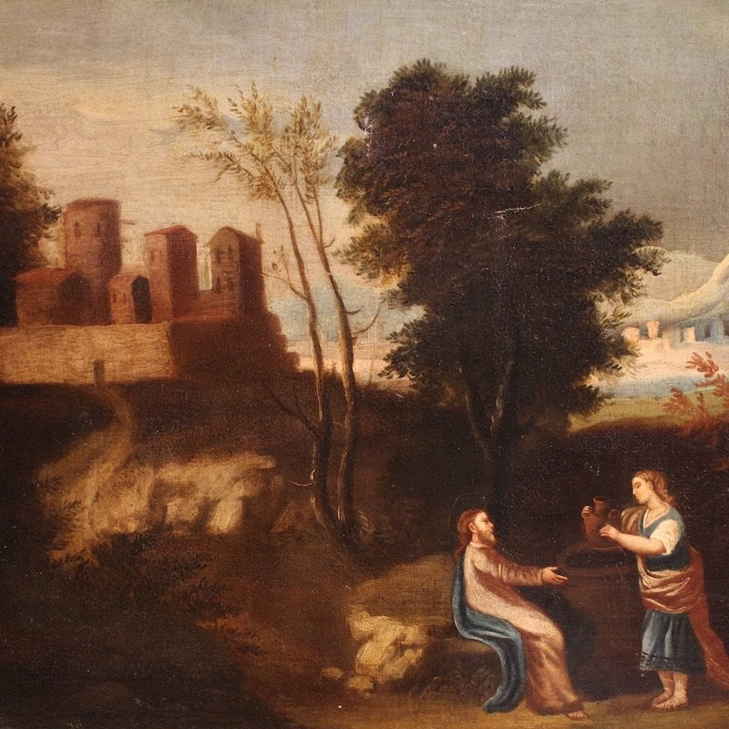 Antico dipinto spagnolo Gesù e la samaritana al pozzo del XVII secolo-photo-4