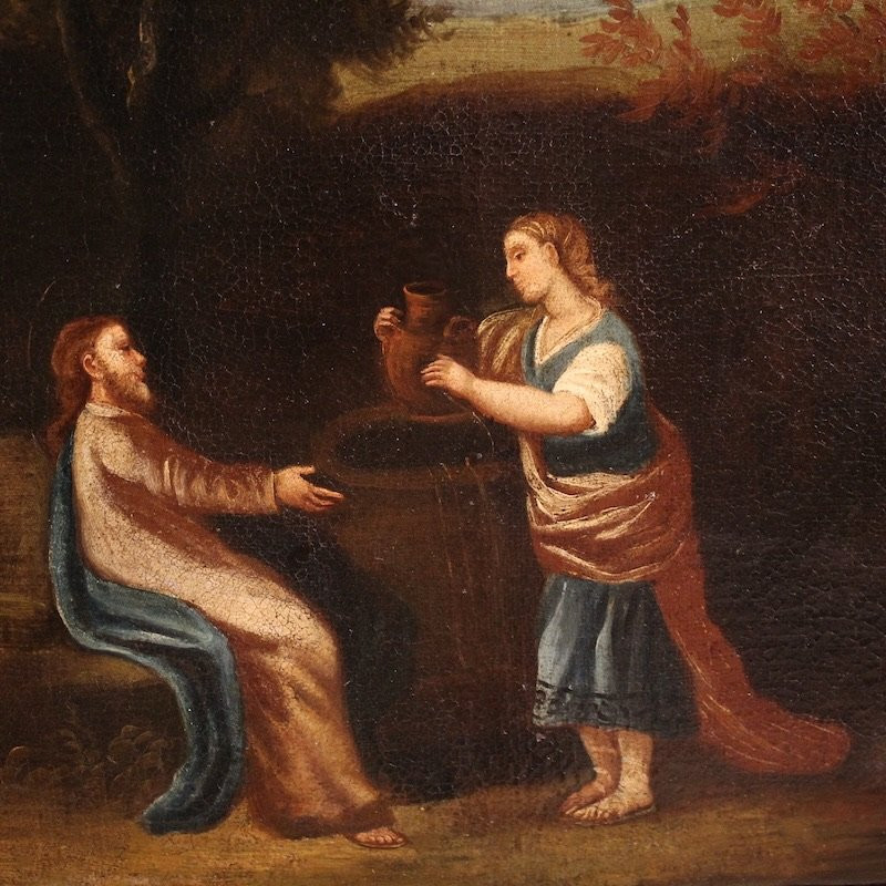 Antico dipinto spagnolo Gesù e la samaritana al pozzo del XVII secolo-photo-1
