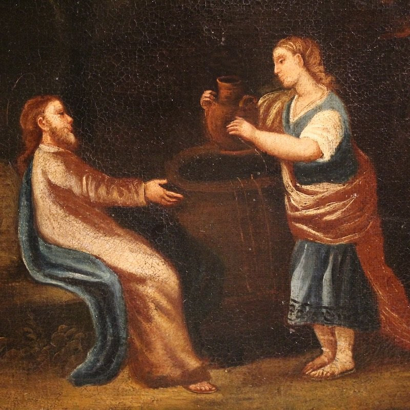 Antico dipinto spagnolo Gesù e la samaritana al pozzo del XVII secolo-photo-5