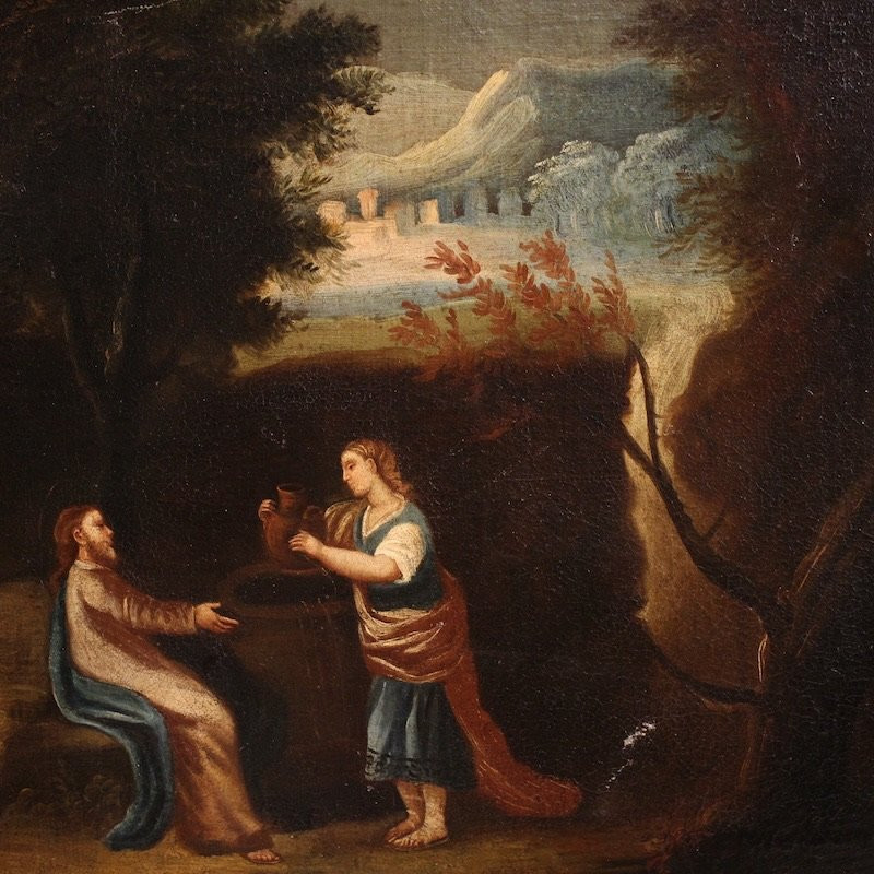 Antico dipinto spagnolo Gesù e la samaritana al pozzo del XVII secolo-photo-6