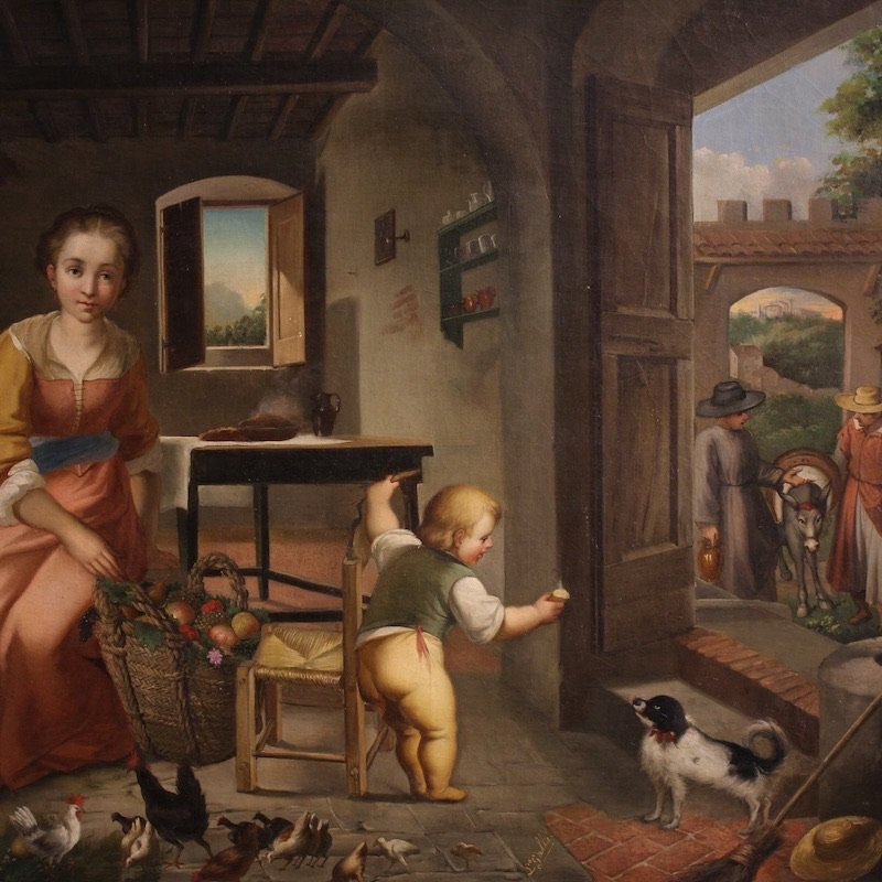 Dipinto italiano scena d'interno del XIX secolo-photo-3