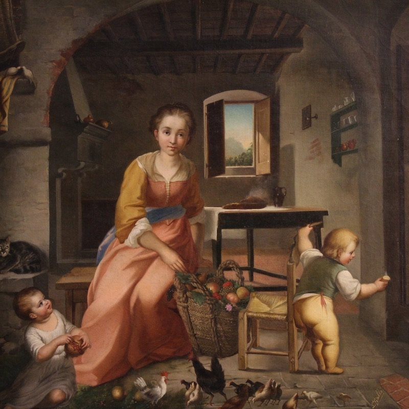 Dipinto italiano scena d'interno del XIX secolo-photo-4