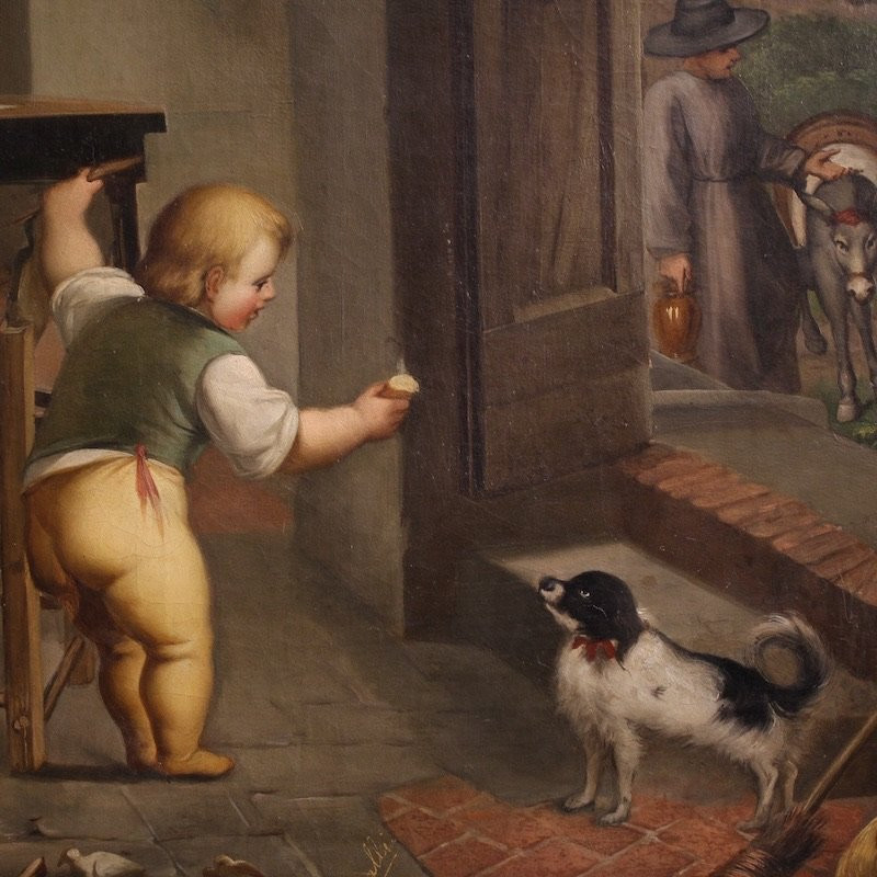 Dipinto italiano scena d'interno del XIX secolo-photo-8