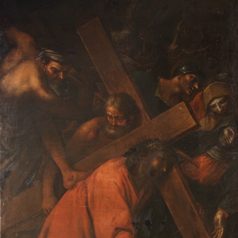 Antico dipinto italiano Via Crucis del XVII secolo-photo-3