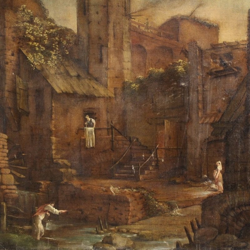 Antico dipinto spagnolo paesaggio del XVIII secolo-photo-3