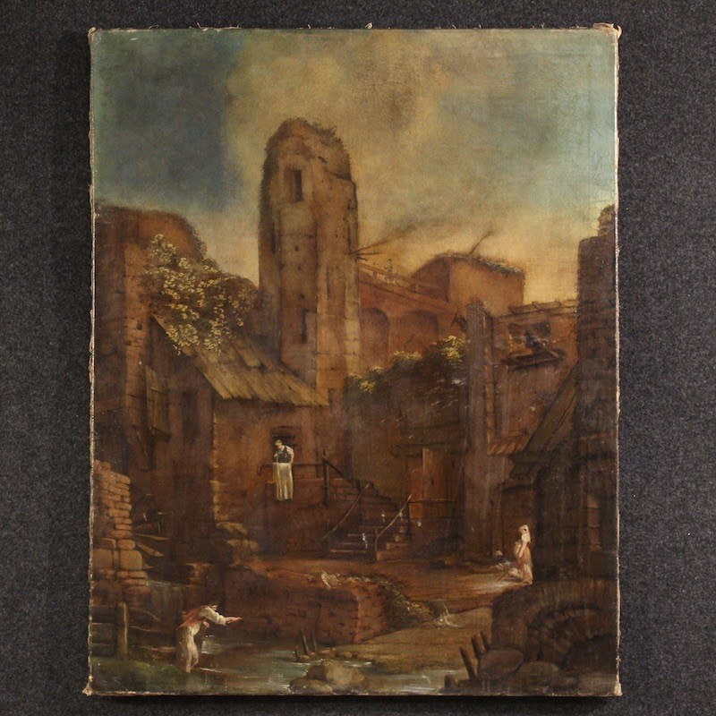 Antico dipinto spagnolo paesaggio del XVIII secolo