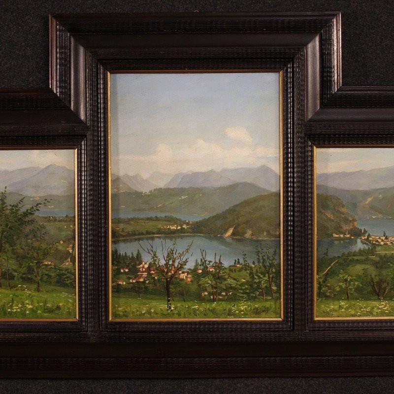 Trittico di dipinti veduta del lago di Lugano del XX secolo-photo-3