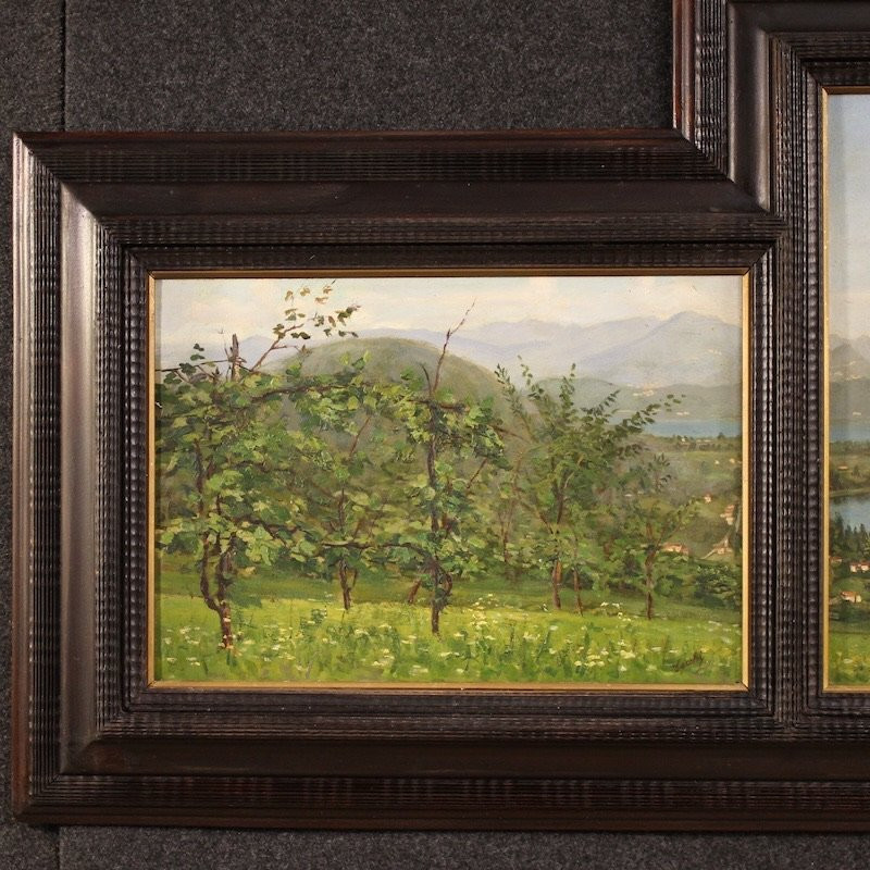 Trittico di dipinti veduta del lago di Lugano del XX secolo-photo-4
