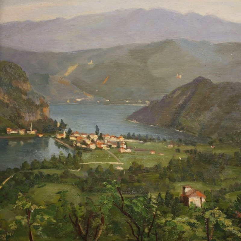 Trittico di dipinti veduta del lago di Lugano del XX secolo-photo-3