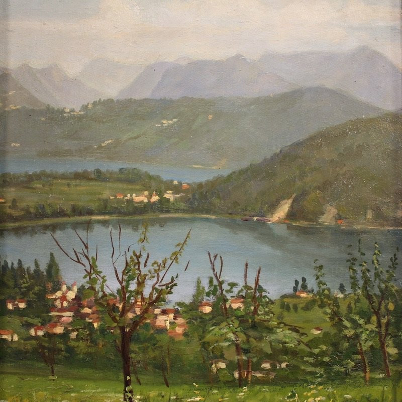 Trittico di dipinti veduta del lago di Lugano del XX secolo-photo-5