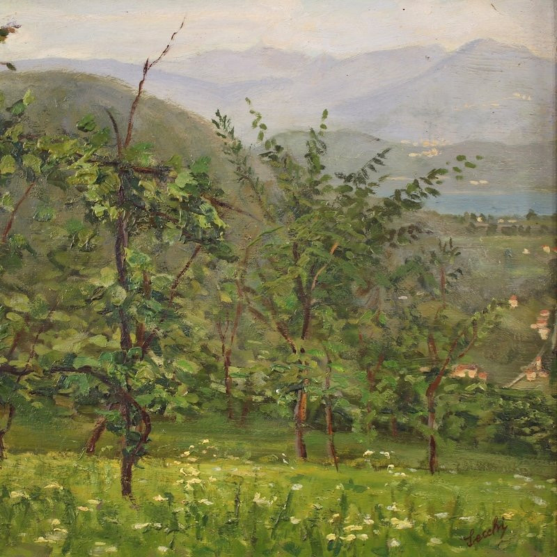 Trittico di dipinti veduta del lago di Lugano del XX secolo-photo-6